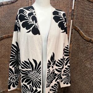 Sioni cardigan open front large black flower tan sweater